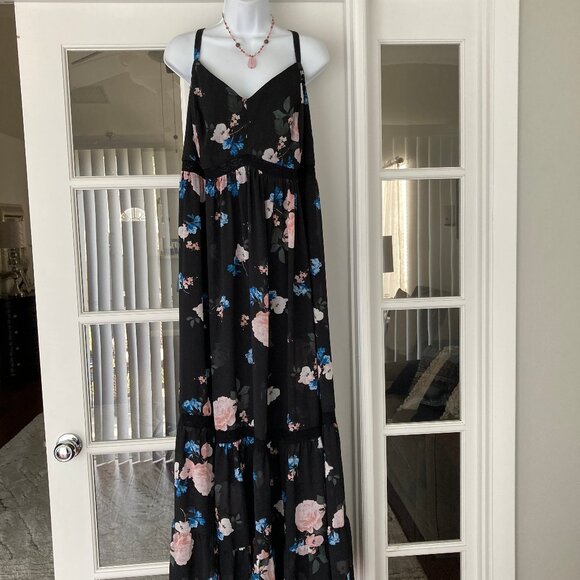 Torrid Black Pink Floral Slip Strap Ruffled Hem Maxi Dress  3 - Picture 16 of 16